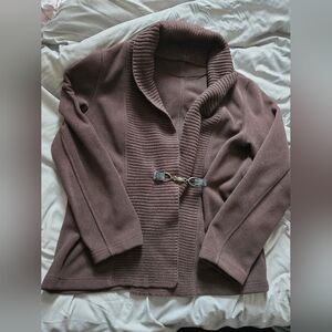 Brown Sherpa & Knit Cardigan With Metal Closure